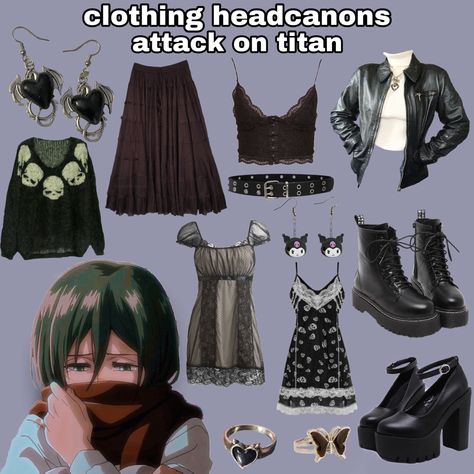 Goth Mikasa Cosplay, Clothing Headcanons, Subtle Goth, Goth Mikasa, Anime Headcanons, Head Cannons, Her Aesthetic, Mood Clothes, Editing Tricks