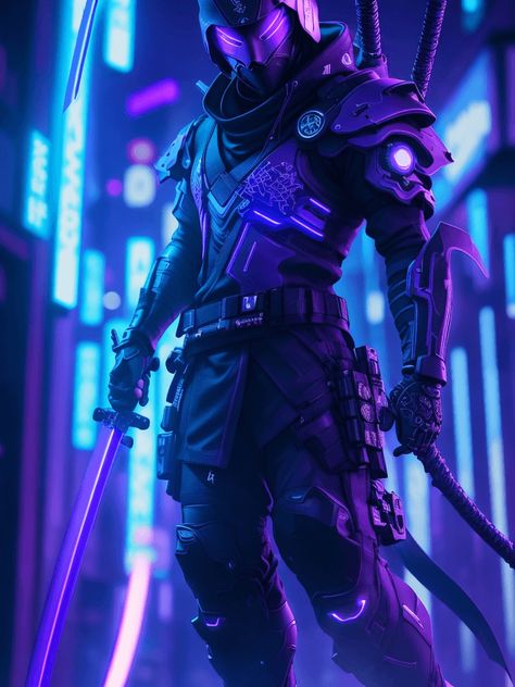 Futuristic Ninja, Cyberpunk Ninja, Blue Ninja, Purple Ninja, Masked Ninja, Future Ninja Concept Art, Sci Fi Ninja Concept Art, Blue Ninja Art, Vigilante Character Design