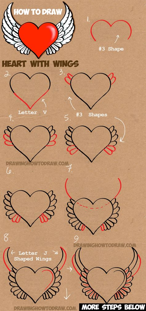 Learn How to Draw a Heart with Angel Wings - Simple Steps Drawing Tutorial Tattoo Step By Step, Draw Hearts, A Heart Tattoo, Steps Drawing, Draw A Heart, Heart With Angel Wings, 3d Drawing Techniques, Valentine Drawing, I Am Bored