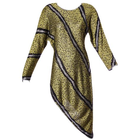 Junko Koshino Vintage 1980s 80s Yellow Knit Asymmetric Sweater Dress | 1stdibs.com Junko Koshino, Asymmetric Sweater, Black Print Dress, Asymmetrical Sweater, Shimmer Dress, Yellow Knit, Vintage Inspiration, Couture Vintage, Vestidos Vintage