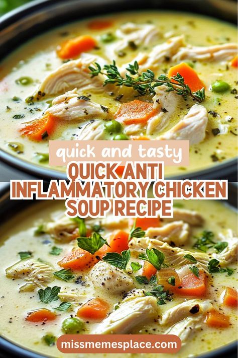 Discover the ultimate comfort food with this Quick Anti-Inflammatory Creamy Chicken Soup! Made with wholesome ingredients like carrots, celery, and coconut milk, this nutritious dish comes together in just 30 minutes. It's perfect for a cozy dinner or as a make-ahead meal. Don't miss out on this healthy delight! 🌿🍜 Chicken And Veggie Soup Recipes, Celery Soup Recipes Healthy, Home Made Soup Recipes Healthy, Simple Chicken Soup Recipe, Quick Chicken Soup, Chicken And Veggie Soup, Simple Chicken Soup, Veggie Soup Recipe, Healthy Soups And Stews