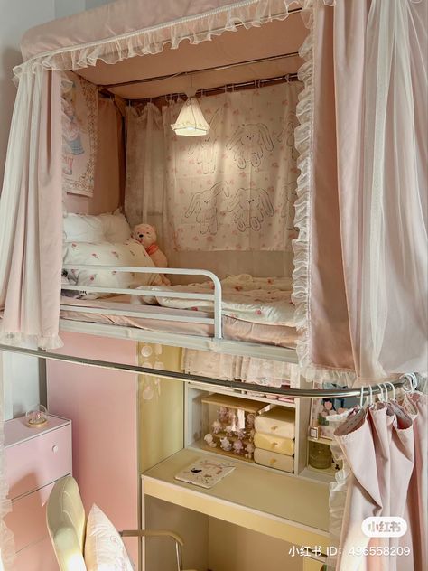 Bed With Curtains Around It Bunk, Top Bunk Ideas, Korean Bunk Bed, Kawaii Bunk Bed, Coquette Room Bunk Bed, Dolls Bunk Bed, Dorm Room Layouts, Hostel Room, Dream Bedroom Inspiration