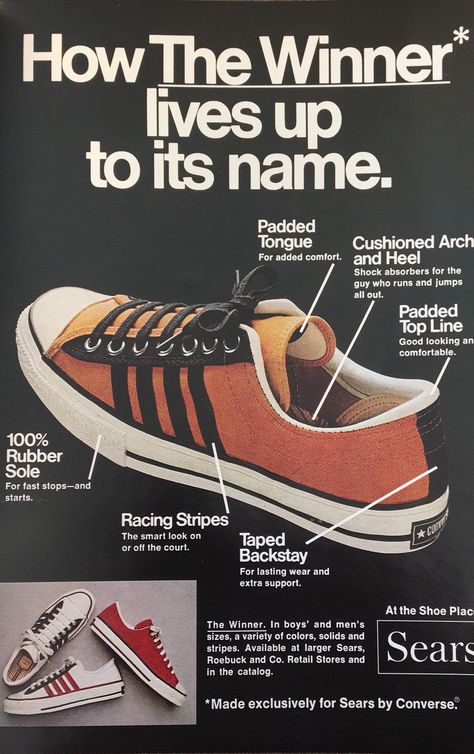 Converse, 1972 Shoe Poster, Shoes Ads, Solid And Striped, Jack Purcell, Vintage Sneakers, Racing Stripes, The Winner, Mode Vintage, Vans Old Skool Sneaker