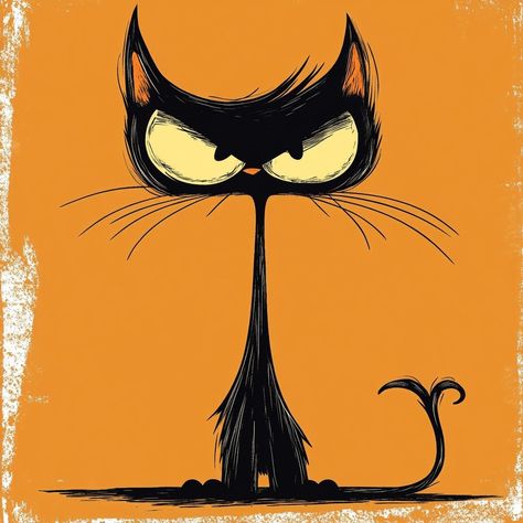 Cute Black Cat Cartoon, Grumpy Cat Cartoon, Cats Png, Black Cat Drawing, Black Cat Illustration, Black Cat Painting, Funny Black Cat, Animal Caricature, Cartoon Cats