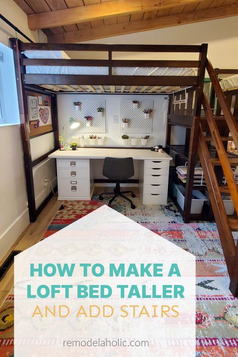 Hack your loft bed to make it taller -- tall enough to fit a full desk underneath! This double loft bed with stairs between gives our teenage girls plenty of space for storage and for sleeping. Under Loft Bed Reading Nook, Adult Loft Bed For Small Rooms Space Saving, Tall Loft Bed, Make A Loft Bed, Loft Bed Ideas For Adults, Loft Bed With Couch, Double Loft Bed, Loft Bed Stairs, Loft Bed With Stairs