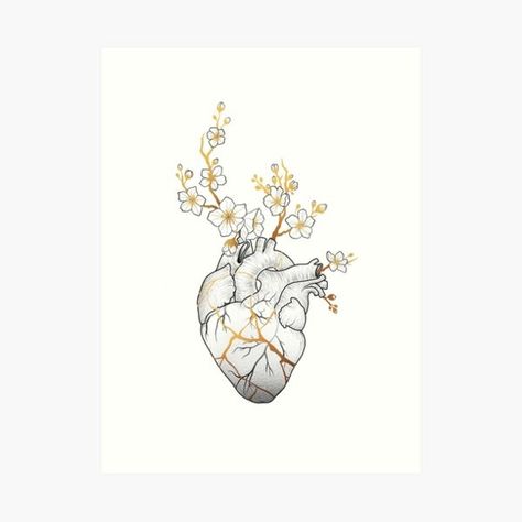 Kintsugi Flower Tattoo, Kintsugi Art Drawing, Kintsugi Heart Art, Hanahaki Disease Tattoo, Psychologist Tattoo Ideas, Kitsungi Tattoo, Aorta Tattoo, Kintsugi Heart Tattoo, Kintsugi Drawing