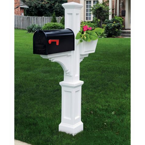 Shop Mayne White Polymer Mailbox Post at Lowes.com Country Mailbox Ideas, Mailbox With Flowers, Front Porches Farmhouse, Diy Mailbox Ideas, Southern Front Porches, Country Mailbox, Mailbox Numbers Vinyl, Mailbox Planter, White Mailbox