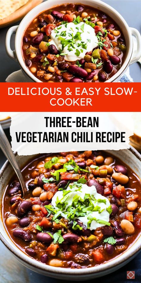 Warm up with this delicious three-bean vegetarian chili recipe made effortlessly in a slow cooker! It's packed with plant-based protein and rich flavors, perfect for those who want a comforting yet healthy vegetarian meal. With minimal prep time, this slow-cooker recipe is great for busy nights when you need easy dinner ideas. Save this pin to enjoy a satisfying bowl of chili anytime! Vegan Crockpot Chili Slow Cooker, Slow Cooker Three Bean Chili, Healthy Chili Recipe Vegetarian, Healthy Bean Crockpot Recipes, Slow Cooker Vegetarian Chili Recipe, Vegan Chili Beans, Vegetarian Bean Chili Recipe, Easy Vegetarian Chili Crockpot, Crockpot Vegetarian Chilli