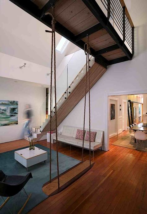 Swing In Living Room, Room Swing, Indoor Swing Chair, Indoor Swing, Stair Case, Loft Living, Design Del Prodotto, Decoration Inspiration, Swinging Chair