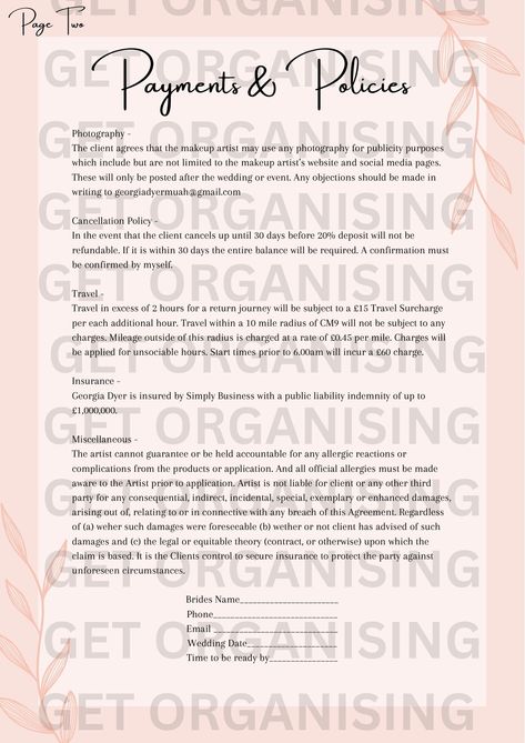 Makeup and Hair Artist contract template - Freelance makeup artist contract. Makeup artist contract. Hair stylist contract. Bridal MUA contract. Makeup artist service form. makeup artist price list. Makeup artist Invoice Freelance makeup artist and hair stylist contract template for you to customise for your freelance business. The text is already written but you can easily edit it using the Canva app. The text, font and colours are all fully editable.  DIGITAL DOWNLOAD - This is a digital download product no physical product will be sent out.  Included in this purchase  - Fully customisable price list  - 2 page contract  - *BONUS* Invoice page  Immediately after your purchase you can download a PDF File with the links to the Canva Templates. There you can edit your forms, add your own log Makeup Artist Policies, Makeup Menu Price List, Makeup Services List, Makeup Policy, Mua Price List, Makeup Artist Price List, Bridal Contract, Makeup Contract, Mua Business