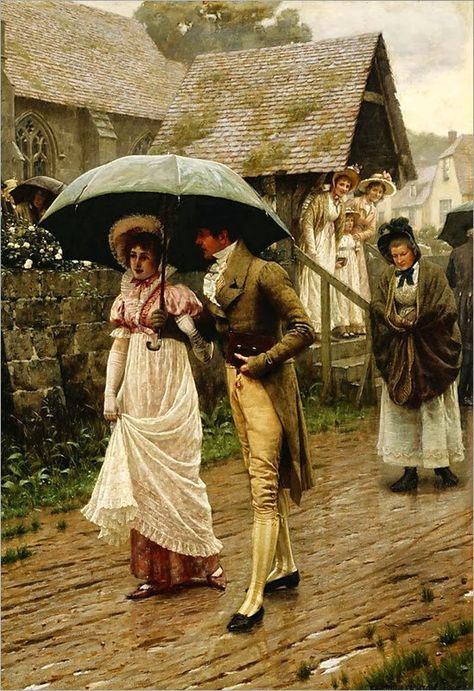 regency period food | Edmund Blair Leighton Edmund Blair Leighton, Era Victoria, Regency Era Fashion, Art Ancien, Walking In The Rain, Regency Era, Pre Raphaelite, A4 Poster, Victorian Art