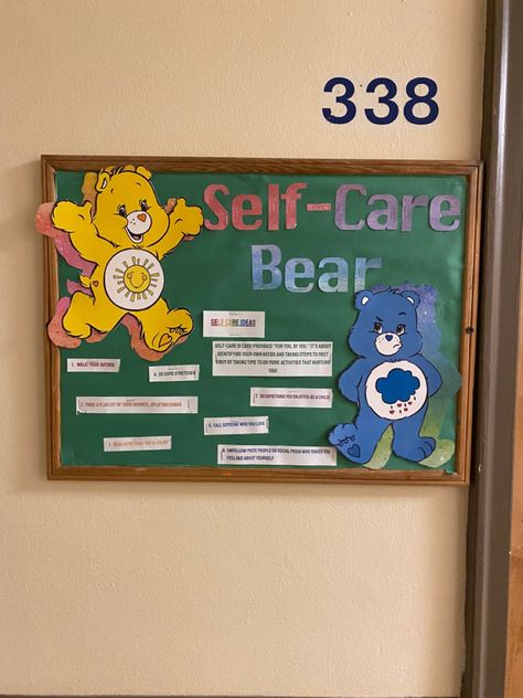 Self Care Bear Bulletin Board, Ra Bulletin Boards Motivation, Care Bears Bulletin Board, Care Bear Bulletin Board, March Ra Bulletin Boards, Ra Hallway Themes, Self Care Bulletin Board, Mental Health Bulletin Board Ideas, Ra Event Ideas