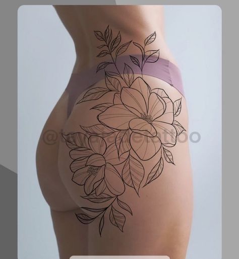 Women Tattoos Hip, Bum And Thigh Tattoo, Top Of Buttcheek Tattoo, Tattoos For Buttocks For Women, Hip Buttocks Tattoo, Glute Tattoos For Women, Female Hip Tattoos, Large Back Tattoos For Women, Bum Tattoo Women