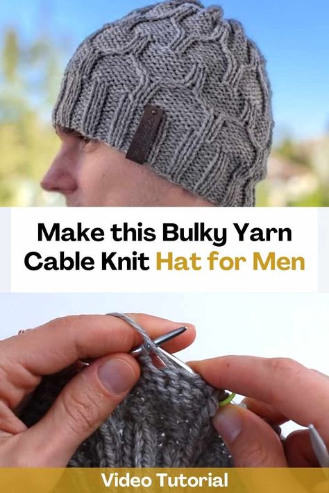 Learn how to knit this bulky yarn cable knit hat for men by watching this video tutorial! This hat is super cute and easy to make. The creator of this video will teach you how to do it step by step, you just have to follow her instructions so that the result of your knitting looks excellent.You can get creative and make this men's beanie in any color you like. Also, this could be an amazing gift for someone you love. Mens Chunky Knit Hat Pattern Free, Knitted Beanie For Men, Men's Beanie, Knitting 101, Yarn Hats, Knit Hat For Men, Cable Hat, Cable Knit Hat, Hat Knitting