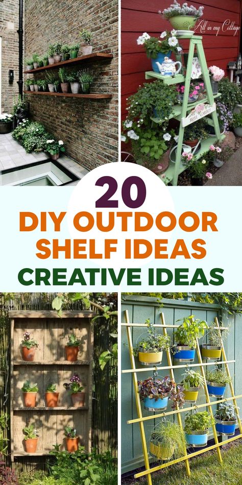 Upgrade your outdoor area with innovative DIY outdoor shelf concepts that not only optimize space but also bring a dash of elegance to your garden, patio, or balcony. Construct a charming wooden shelf from upcycled pallets or driftwood to seamlessly blend with nature, transform old ladders or crates into an unconventional tiered shelving unit for a unique storage solution, or fashion a hanging plant shelf using macrame or rope for a trendy bohemian vibe that highlights your gardening skills. Garden Shelf Ideas Outdoor, Outdoor Shelf Ideas, Diy Outdoor Shelf, Outdoor Bookshelf, Diy Plant Shelf, Plant Shelves Outdoor, Outdoor Shelf, Hanging Plant Shelf, Diy Container