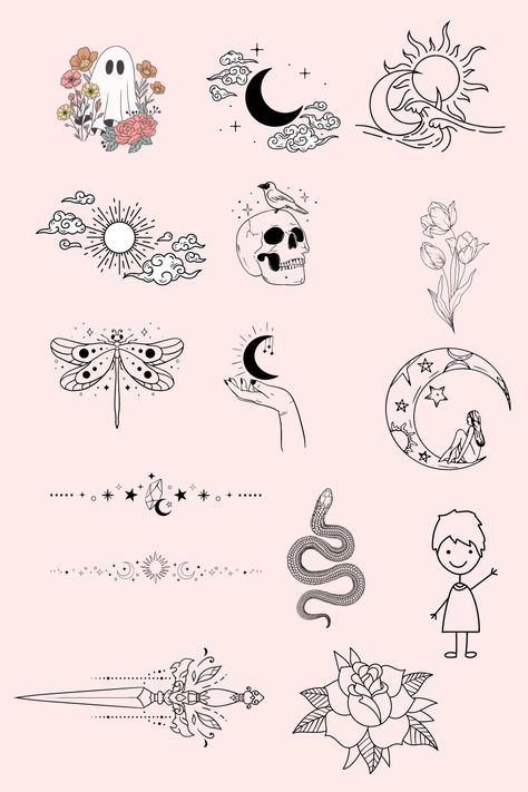 Minimal Tattoo Psychic Tattoo, Small Witchy Tattoos, Witchy Tattoos, 2024 Tattoo, Matching Tats, Minimalist Tattoo Ideas, Flash Sheet, Tattoo Flash Sheet, Bee Tattoo