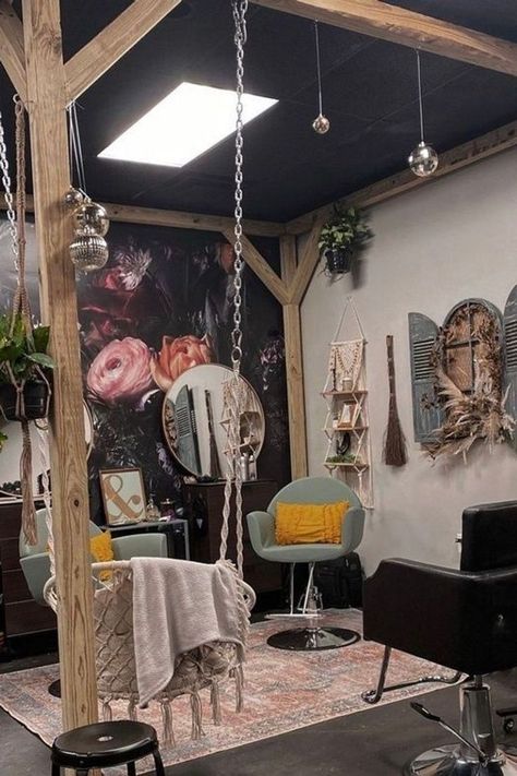 Use bold colors, unique seating and loud decor for a non-traditional salon. Boho Suite Salon, Unique Salon Stations, Decorated Salon Suites, Whimsical Salon Decor, Maximalist Salon Decor, Small Beauty Salon Interior Design Ideas, Witchy Hair Salon, Eclectic Salon Decor, Salon Aesthetic Beauty