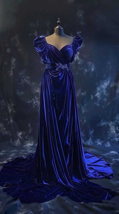 This elegant royal blue gown, displayed prominently on a mannequin, imbues a sense of sophistication and style. The deep blue fabric drapes gracefully, highlighting intricate details like the gathered sleeves and the luxurious train that cascades beautifully onto the floor. Set against a dark, atmospheric backdrop that enhances the dramatic effect, the gown exudes an aura of mystery and allure, making it a perfect piece for formal events and fashion showcases. Purple Gown Elegant, Dark Blue Formal Dress, Luxurious Train, Navy Blue Evening Gown, Blue Satin Fabric, Royal Blue Gown, Blue Evening Gowns, Black Evening Gown, Purple Gowns