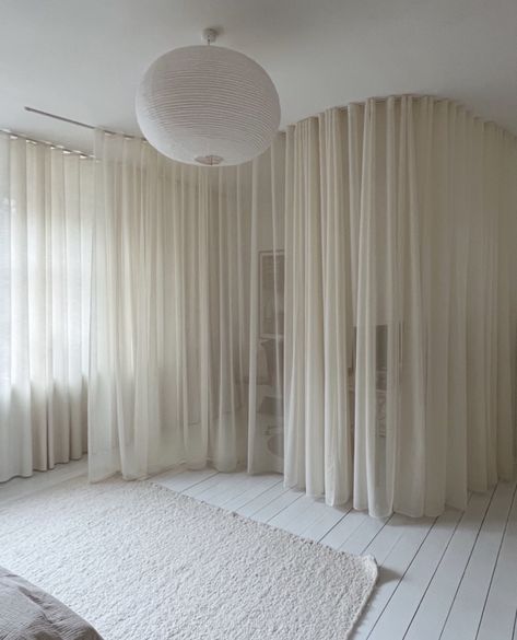 Beige Bedroom Interior, Loft Curtains Divider, Curtain Bedroom Wall, Studio Curtains, Hidden Curtains, Curtains As Walls, Curtain Covering Wall, Floor To Ceiling Sheer Curtains, White Curtains In Living Room