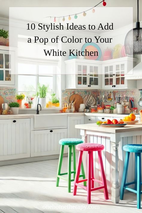 Brighten up your white kitchen with our blog post, "10 Stylish Ideas to Add a Pop of Color to Your White Kitchen"! 🌈 From vibrant backsplashes to colorful accents, discover creative ways to transform your space. Click to learn more and get inspired to infuse charm and personality into your kitchen. Don't miss out! #HomeDecor #KitchenDesign #InteriorIdeas #ColorfulKitchens Colourful White Kitchen, White Kitchen Colorful Accents, Add Colour To White Kitchen, White Kitchen Accent Color, Bright Kitchen Decor Ideas, How To Add Color To A White Kitchen, Adding Color To White Kitchen, White Kitchen With Color, Colorful Backsplash