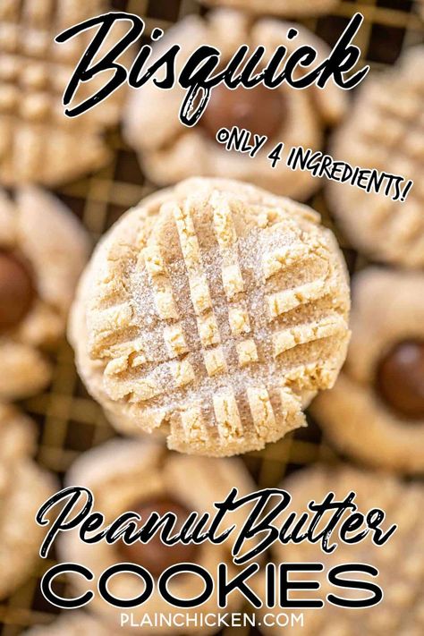 Bisquick Peanut Butter Cookies - seriously the BEST peanut butter cookies! Only 4 simple ingredients - peanut butter, sweetened condensed milk, Bisquick, vanilla. These cookies are so soft and delicious. You can top cookies with a chocolate kiss immediately after taking out of the oven for Peanut Butter Blossoms. You might want to double the recipe. These cookies are always gone in a flash! #cookies #bisquick #peanutbutter #noeggs Peanut Butter Cookies 4 Ingredients, The Best Peanut Butter Cookies, Cookie Salad, Hershey Kiss Cookies, Peanut Butter Kiss Cookies, Making Peanut Butter, Healthy Breakfast Snacks, Butter Blossoms, Carrot Salad Recipes