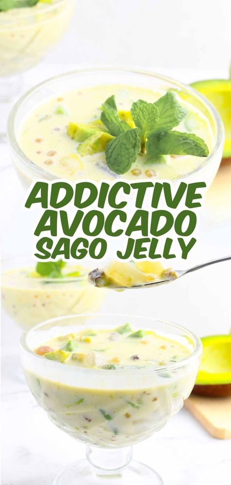 Try this Filipino Avocado Sago Jelly, a sweet, creamy, and delicious dessert made with avocados, condensed milk, sago pearls, nata de coco, and cheddar cheese. It's so easy to make, addicting, and needs a few ingredients only. Enjoy! Avocado Recipes Dessert, Sago Pearls, Condensed Milk Desserts, Sago Recipes, Avocado Recipes Easy, Filipino Dessert Recipes, Asian Dessert Recipes, Philippines Recipes, Filipino Food Dessert