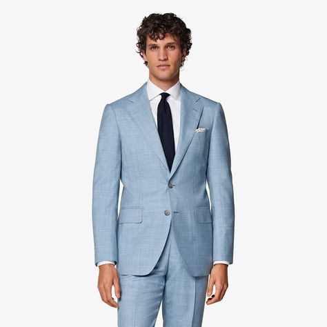 Dive into elegance with this crisp light blue suit, tailored to a slim fit, it features a natural shoulder and flap pockets. Coastal Cocktail, Blue Linen Suit, Blue Plaid Suit, Blue Pinstripe Suit, Beach Formal, Suit Supply, Light Blue Suit, Light Blue Plaid, Italian Suit