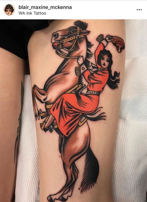 Cowgirl On A Horse Tattoo, Traditional Western Back Tattoo, Cowgirl Horse Tattoo, Cowgirl Riding Horse Tattoo, Horse Rider Tattoo, Trad Horse Tattoo, Outlaw Tattoo For Women, Horse Back Tattoo, Outlaw Woman Tattoo