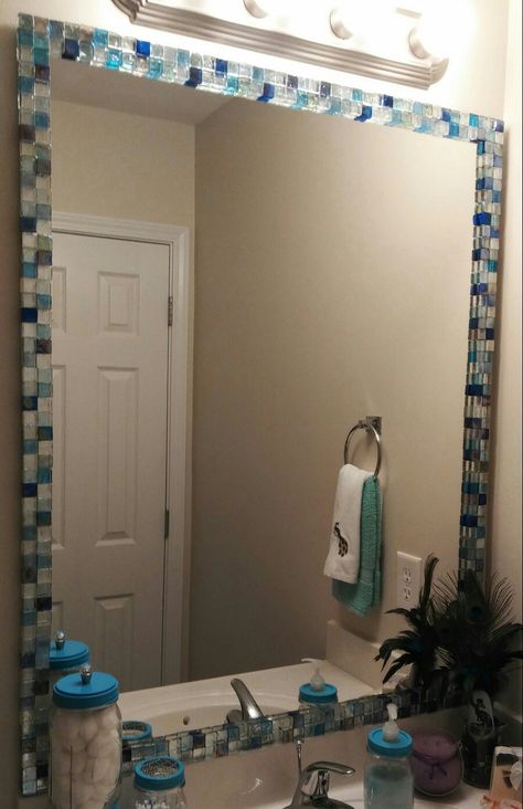 Mosaic Bathroom Mirror, Scandinavian Bungalow, Tile Mirror Frame, Mirror Upgrade, Tile Mirror, Diy Mosaic, Mosaic Frame, Mosaic Bathroom, Builder Grade