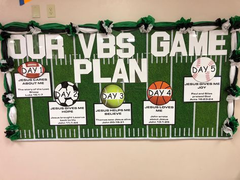 Sports Themed Vbs Lessons, Vacation Bible School Game Theme, Vbs Sports Theme, Vbs Sports Theme Decorations, Vacation Bible School Games, Sports Vbs, Kids Church Rooms, Vacation Bible School Themes, Sports Theme Classroom