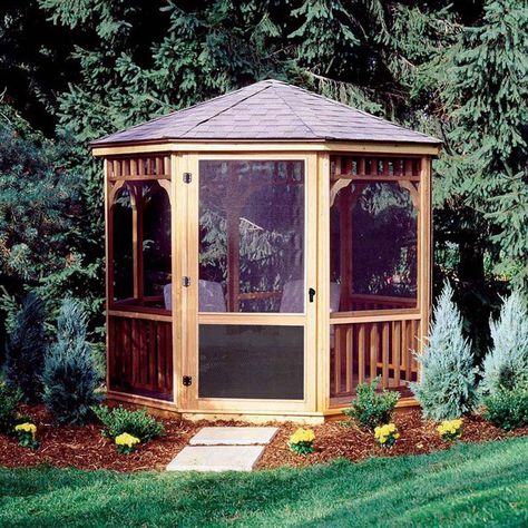 Features: -Includes self-closing hinges and door latch. -Provides protection from pesky insects. -Cedar framed panels with black fiberglass screen. -Screen door with reinforced plastic mesh over l Round Gazebo, Gazebo Curtains, Diy Gazebo, Screened Gazebo, Hot Tub Gazebo, Pergola Diy, Gazebo Plans, Gazebo Ideas, Relaxing Backyard