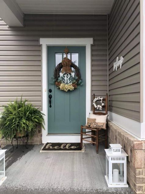 House Doors Colors, Entry Door Colors, Teal Front Doors, Exterior Door Colors, Tan House, Shutter Colors, Green Front Doors, Front Door Paint Colors, Door Colors