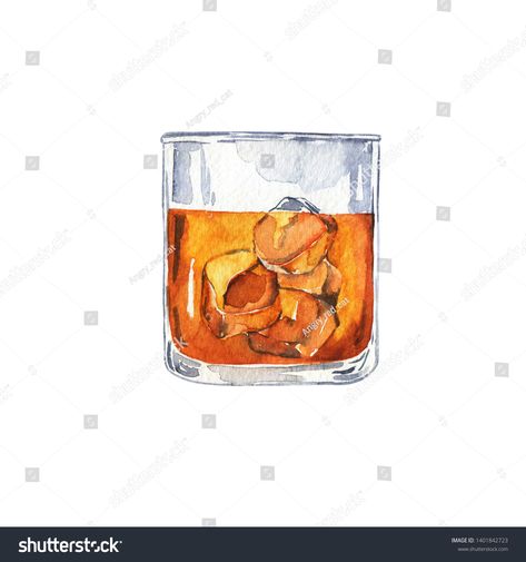 Cocktails Drawing, Ice Drawing, Cup Tattoo, Whiskey Ice, Whisky Glass, Cigars And Whiskey, Scotch Whiskey, Drinking Beer, Watercolor Illustration