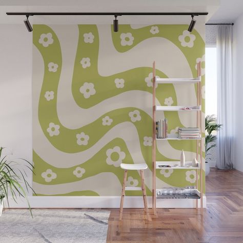 With our Wall Murals, you can cover an entire wall with a rad design - just line up the panels and stick them on. They're easy to peel off too, leaving no sticky residue behind. With crisp, vibrant colors and images, this stunning wall decor lets you create an amazing permanent or temporary space. Available in two floor-to-ceiling sizes.      - Size in feet: 8' Mural comes with four 2'(W) x 8'(H) panels   - Size in feet: 12' Mural comes with six 2' x 8' panels   - Printed on self-adhesive woven Funky Paint Walls, Retro Accent Wall Paint, Squiggle Accent Wall, Wavy Wall Mural, Retro Wall Design, Squiggly Wall Paint, Room Painting Ideas Bedroom Aesthetic, Colourful Wall Mural, Funky Murals Wall Art