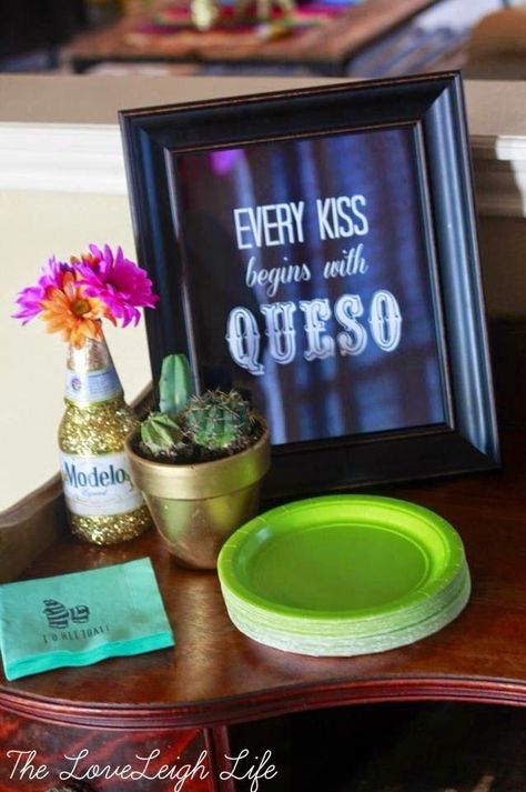 The LoveLeigh Life : "Every Kiss Begins with Queso"- Robynne's Engagement Party Fiesta Fiesta Wedding Shower, Mexican Fiesta Bridal Shower, Mexican Bridal Showers, Engagement Party Planning, Fiesta Bridal Shower, Couples Bridal Shower, Bridal Theme, Couple Wedding Shower, Fiesta Wedding