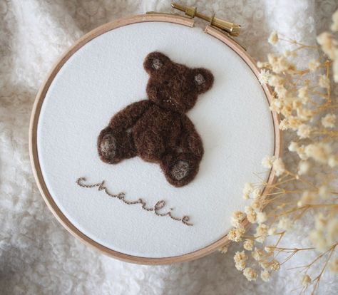 Felted Teddy Bear, Felt Teddy Bear, Embroidery Hoop Christmas, Teddy Bear Nursery, Bear Nursery, Name Embroidery, White Cotton Fabric, Felt Embroidery, Embroidered Name