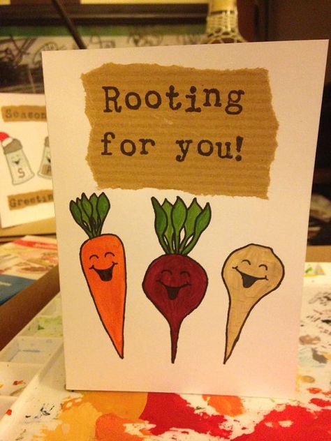 Handmade painted cute funny food Good Luck card - 'Rooting For You!' Goodbye Cards, Goodbye Gifts, Grad Cards, Good Luck Cards, Good Luck Gifts, Paper Crafts Card, Funny Food, Ffa, Encouragement Cards