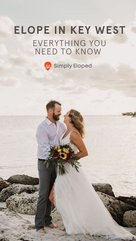 Imagine the two of you, with your toes in the sand, palm trees, and ocean waves behind you. The stunning sunset colors the sky as you say ‘I Do’. A Key West elopement package is all about your ceremony/honeymoon in paradise. So choose your guests (or not!) and celebrate your Florida elopement! OR A Key West elopement is filled with endless sandy beaches and tropical gardens lush with greenery. A paradise for newlyweds. #elopement #wedding Key West Beach Wedding, Florida Keys Beaches, Wedding License, Key West Wedding, Florida Beach Wedding, Key West Fl, Elopement Packages, Tropical Gardens, Keys Wedding