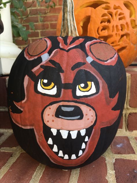 Foxy No carve pumpkin Five Nights at Freddy's FNAF Foxy painted Fnaf Pumpkin Carving, Fnaf Pumpkin, Kids Pumpkin Carving, No Carve Pumpkin, Fnaf Crafts, Disney Coco, October Ideas, Fnaf Foxy, Fnaf Freddy