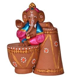 Brown and Terracotta Terracotta Handpainted Tabla Sitting Ganesha Idol Matki Decoration Ideas, Matki Decoration, Eco Friendly Ganesha, Clay Ganesha, Ganesh Murti, Diy Crafts For School, Ganesh Chaturthi Decoration, Brass Idols, Mother Painting