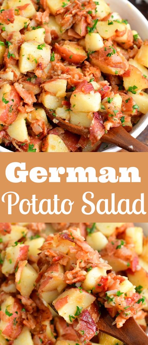 German Potato Salad is a scrumptious, warm red potato salad that's made with bacon, onion, and mouthwatering sweet and tangy mustard dressing. It only takes approximately 20 minutes to make from start to finish and is perfect for picnics, potlucks, and all other occasions! Red Potato Salad With Bacon, Potato Salad With Bacon, German Potato Salad Recipe, German Food Authentic, Southern Potato Salad, Red Potato Salad, Potato Bacon, Baked Potato Salad, Red Potato