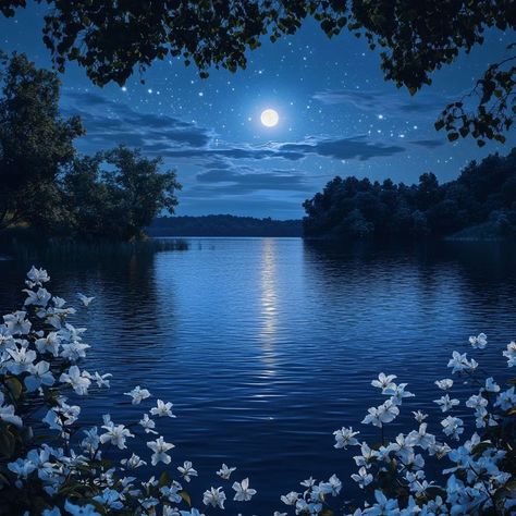 Moonlit reflections and the gentle bloom of jasmine by the lake 🌸🌙✨ #MidnightBlossoms #LakeVibes #JasmineFlowers Moonlight Flowers, Moonlight On The River, Moonlit Lake, Lake Moonlight, Moonlight Reflection, Moon Over Lake Painting, Night Flowers, Moon At Beach Moonlight, Lake Art