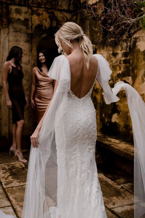 Wedding Dress With Ponytail, Shoulder Tie Wedding Dress, Wedding Dress Add Ons Ideas, Wedding Dress Bow Sleeves, Tulle Bow Sleeve Wedding Dress, Bow Sleeve Wedding Dress, 2024 Bridal Gowns, Boracay Wedding, Wedding Sleeves