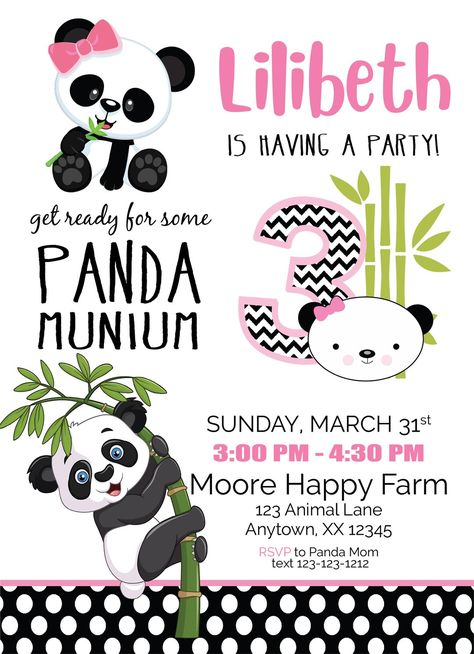 Panda bear Birthday Invitation, First birthday invitations, first birthday ideas. Invitations and announcements. Invitations for kids birthday parties, Personalized affordable birthday party invitations. Twin Birthday invitations, Twin Birthday Invitations, Panda Theme Birthday, Panda Birthday Party Invitations, Panda Birthday Invitations, Bear Themed Party, Panda Pink, Girl Birthday Invitations, Panda Theme, Panda Birthday Party