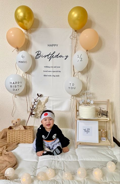 Simple backdrop for little one’s 6th month birthday. Theme: minimalist japanese style 🤍🤎 Half Birthday Decoration Ideas, Half Birthday Decoration, Halfway To One, Half Way To One, Birthday Decoration Ideas, Backdrop Decor, Half Birthday, Monthly Milestone, Milestone Cards