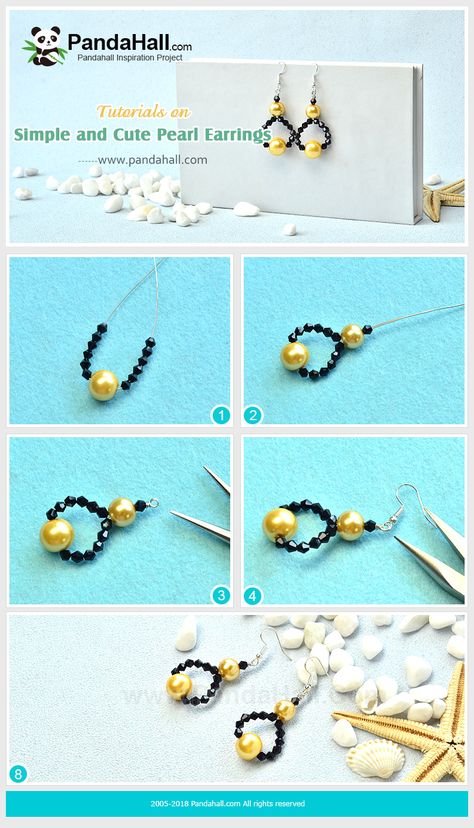 #PandaHall ideas on making Simple and Cute Pearl Earrings Anting Manik, Geode Jewelry, Beaded Earrings Diy, Safety Pin Earrings, Jewelry Making Earrings, Beaded Jewelry Tutorials, Earring Tutorial, Homemade Jewelry, Beaded Jewelry Patterns