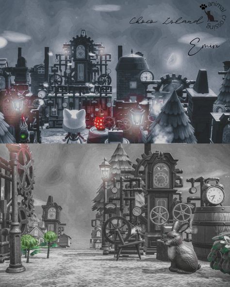 Steampunk Acnh Codes, Steampunk Animal Crossing, Acnh Factory, Acnh Courtyard, Acnh Steampunk, Acnh Citycore, Acnh Spring, Industrial Island, Drawing Random