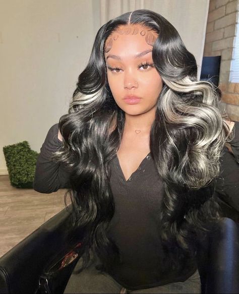 Middle Part Hairstyles Lace Wig, Middle Part Body Wave Wig With Highlights, Black Wig With White Highlights, Silver Gray Highlights, Middle Part Quick Weave, Colored Human Hair Wigs, Gray Highlights, Vision Bored, Prom 2022