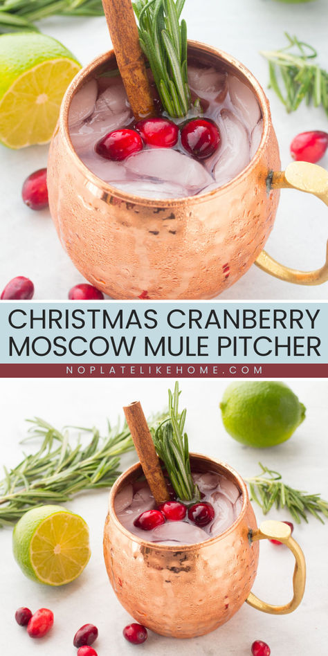 Learn how to make this best Christmas Moscow mule for your set of holiday drink recipes! A Cranberry Moscow Mule pitcher brings the holiday flavors into a crisp festive drink. Made with vodka, apple cider, cranberry juice cocktail, ginger beer, and lime juice! Christmas Drink Pitcher Recipes, Pitcher Of Moscow Mule Recipe, Holiday Drinks Pitcher, Moscow Mule Christmas Recipe, Moscow Mules For A Crowd, Cranberry Moscow Mule Recipe For A Crowd, Christmas Moscow Mule Pitcher, Mule Drink Recipes Whiskey, Christmas Cranberry Moscow Mule