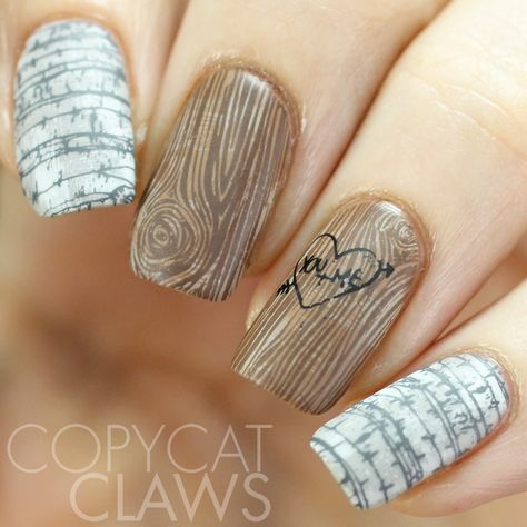 Press Sample Hey there! Happy Friday everybody! Today I'm continuing my review of the new UberChic Beauty stamping plates with today's feature plate, 2-02. I've always wanted to do wood grain nail Wood Nail Art Designs, Wood Grain Nails, Wood Nail Art, Feather Nail Art, Tree Nail Art, Nail Stamp, Wood Nails, Wooden Plate, Cute Spring Nails